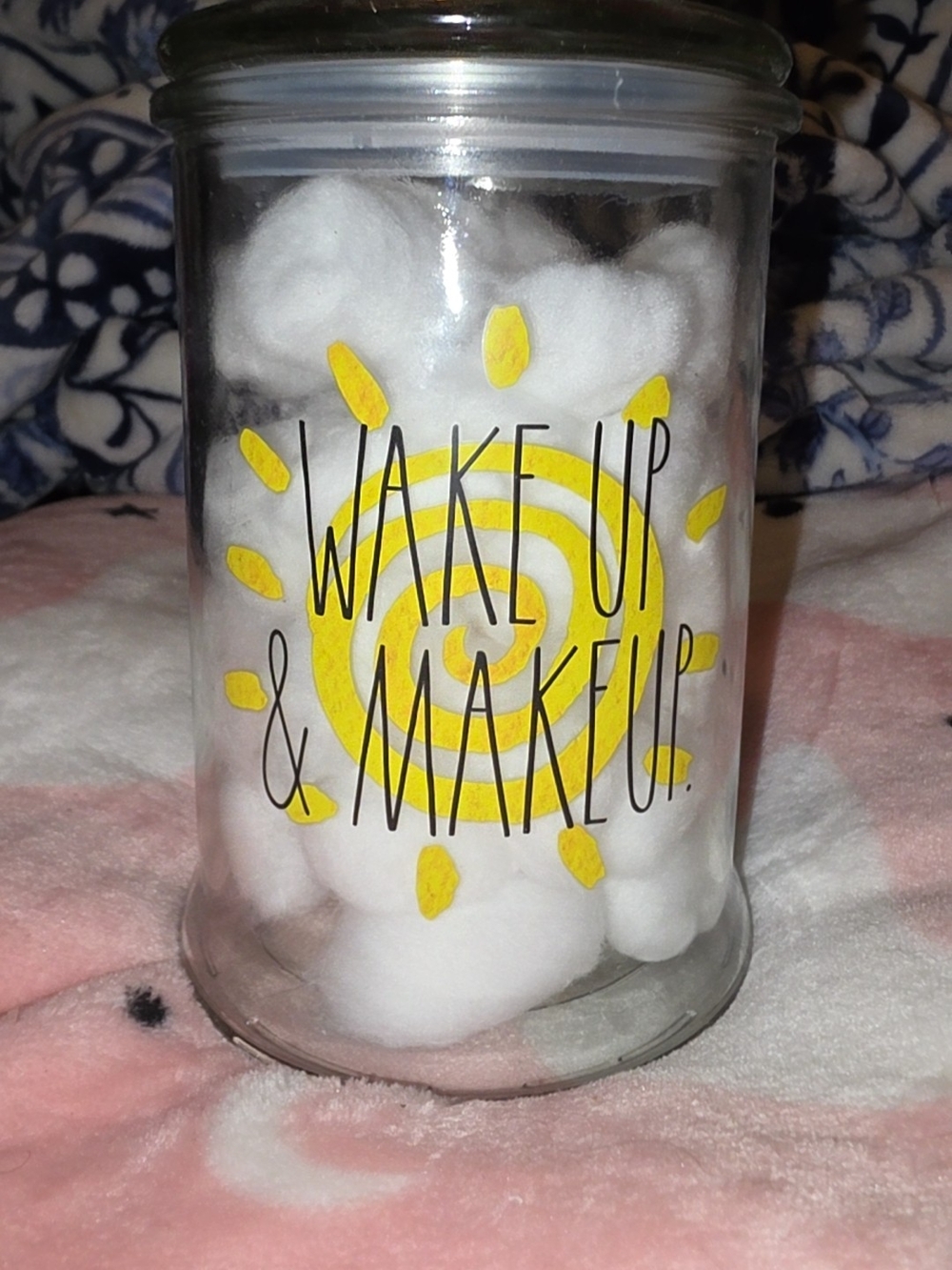 Wake Up & Makeup Yellow Glass Cotton Jar - Rae Dunn